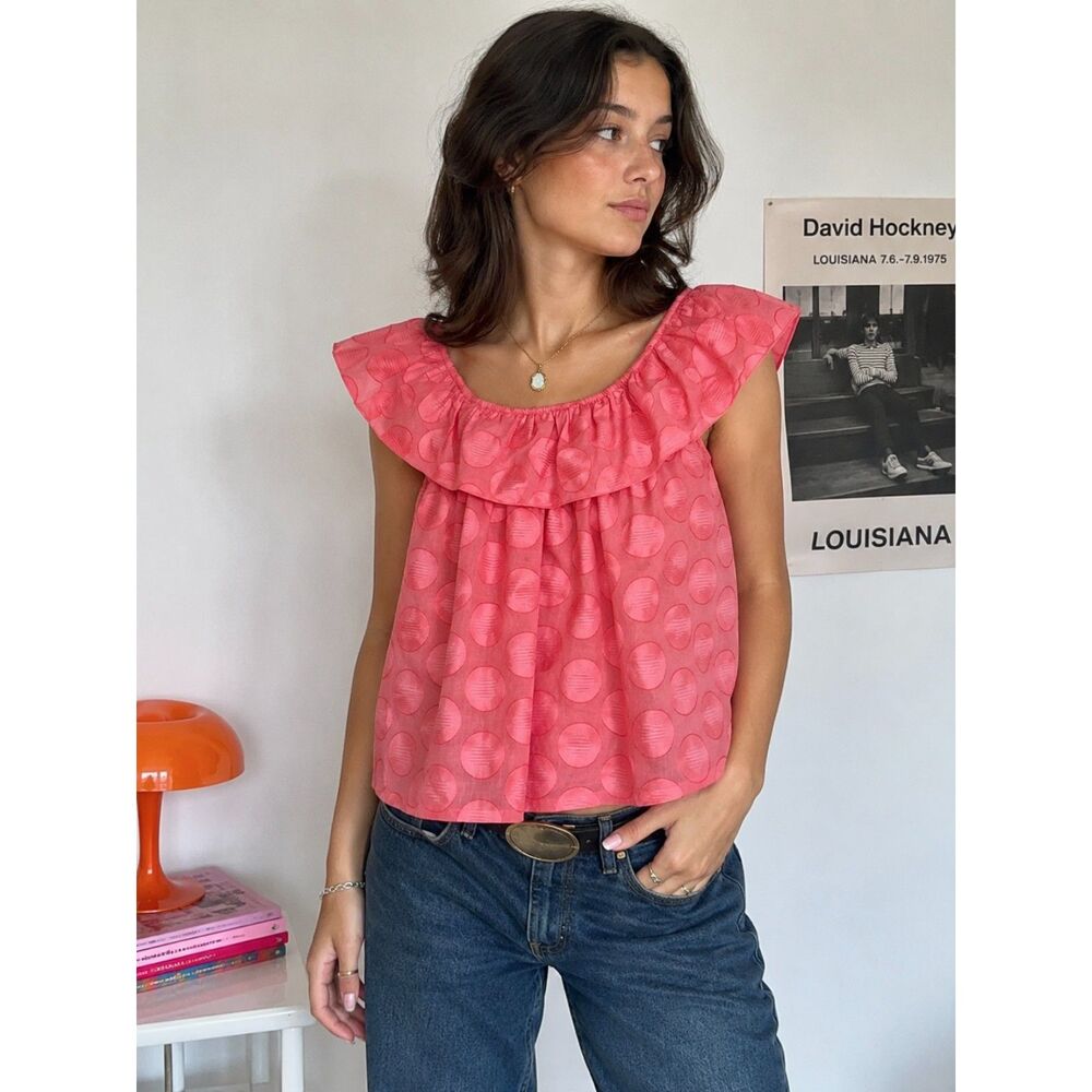 Vintage Y2K Harve Bernard Peach Polka Dot Sheer Cotton Blouse Twee Preppy Top